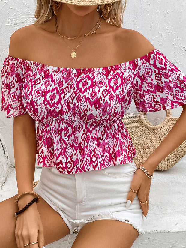 Peplum Printed Off-Shoulder Short Sleeve Blouse - The Michelle Style Boutique