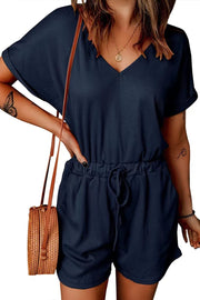 Full Size Drawstring V-Neck Short Sleeve Romper - The Michelle Style Boutique