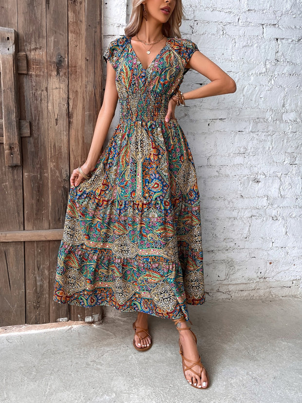 Smocked Printed Cap Sleeve Midi Dress - The Michelle Style Boutique