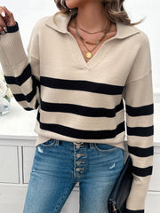 Striped Collared Neck Long Sleeve Sweater - The Michelle Style Boutique