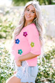 Sequin Flower Round Neck Half Sleeve T-Shirt - The Michelle Style Boutique