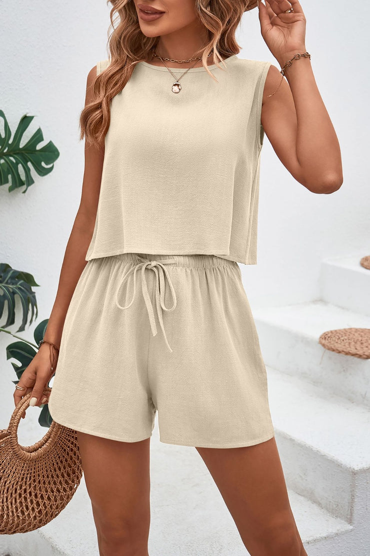 Round Neck Top and Drawstring Shorts Set - The Michelle Style Boutique