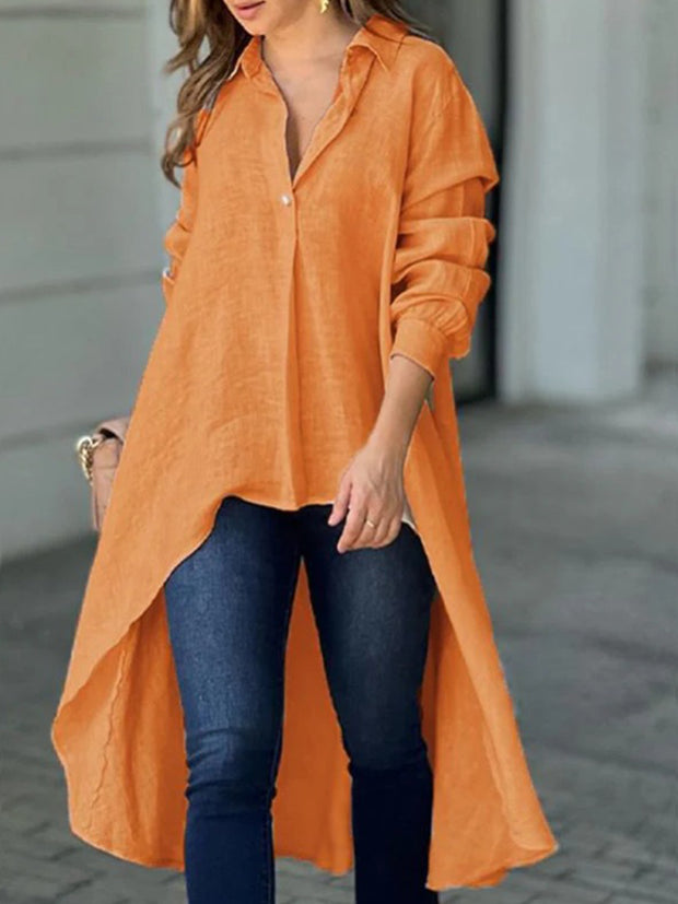 Full Size High-Low Collared Neck Long Sleeve Shirt - The Michelle Style Boutique