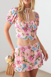 Le Lis Floral Puff Sleeve Crop Top and Mini Skirt Set - The Michelle Style Boutique