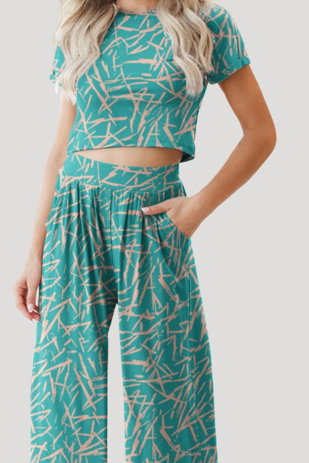 Printed Round Neck Short Sleeve Top and Pants Set - The Michelle Style Boutique