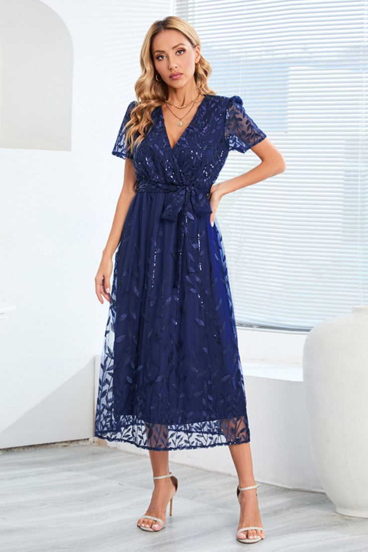 Sequin Leaf Embroidery Tie Front Short Sleeve Dress - The Michelle Style Boutique