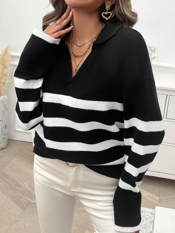 Striped Collared Neck Long Sleeve Sweater - The Michelle Style Boutique