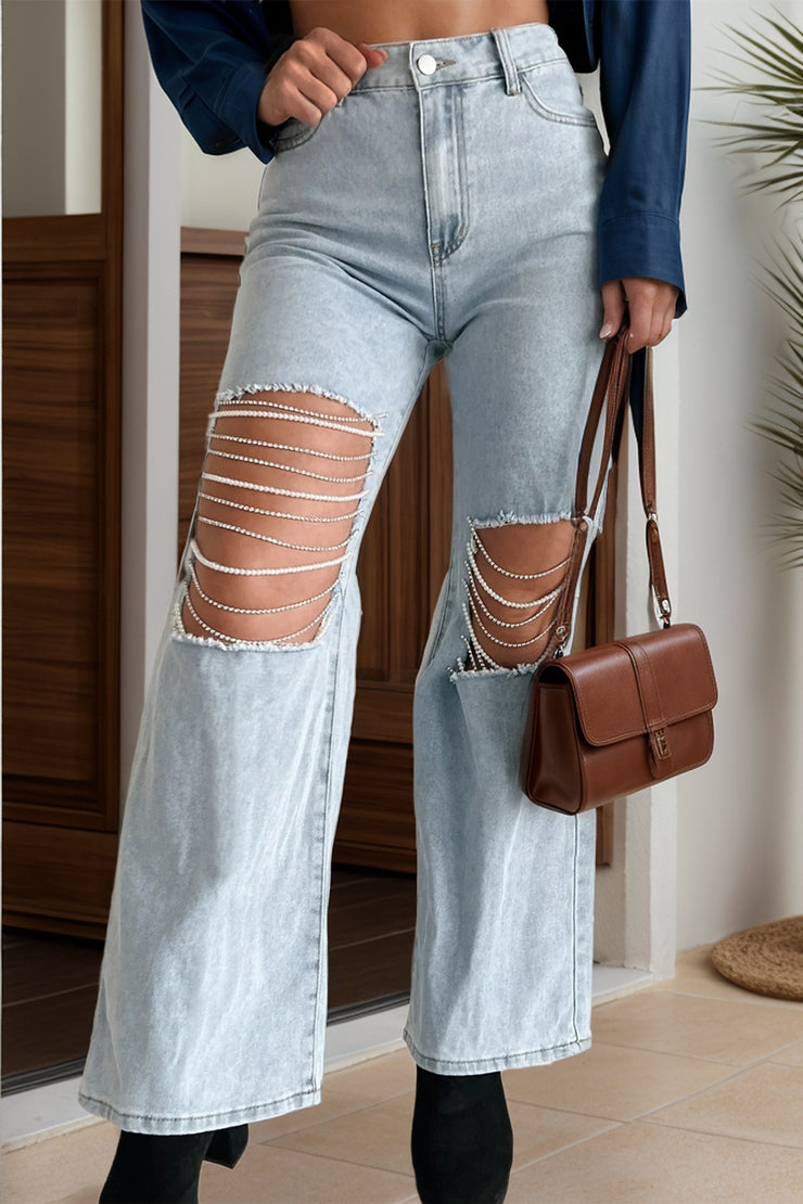 Distressed Bead Chain Straight Jeans - The Michelle Style Boutique