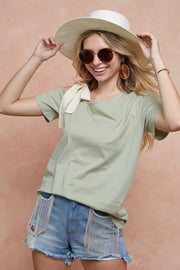 Sage Tied Ribbon One Shoulder Short Sleeve T-Shirt - The Michelle Style Boutique