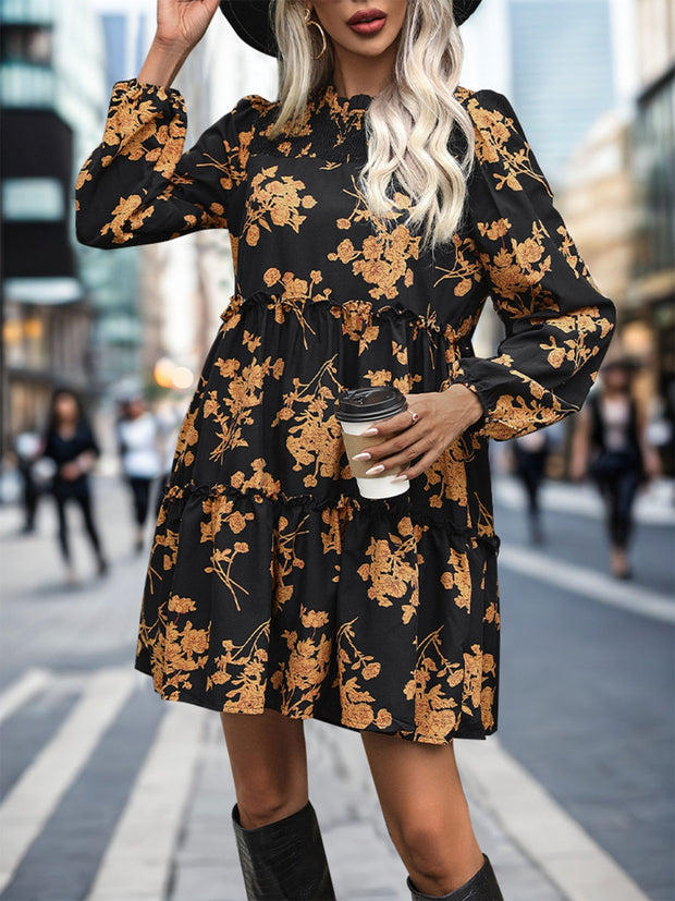 Frill Printed Long Sleeve Mini Dress - The Michelle Style Boutique