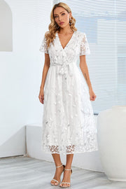 Sequin Leaf Embroidery Tie Front Short Sleeve Dress - The Michelle Style Boutique