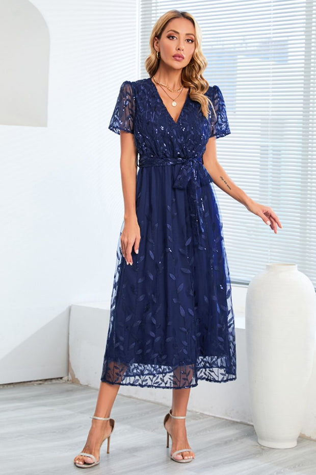 Sequin Leaf Embroidery Tie Front Short Sleeve Dress - The Michelle Style Boutique