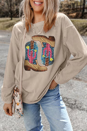 Full Size Sequin Boots Round Neck Long Sleeve Sweatshirt - The Michelle Style Boutique