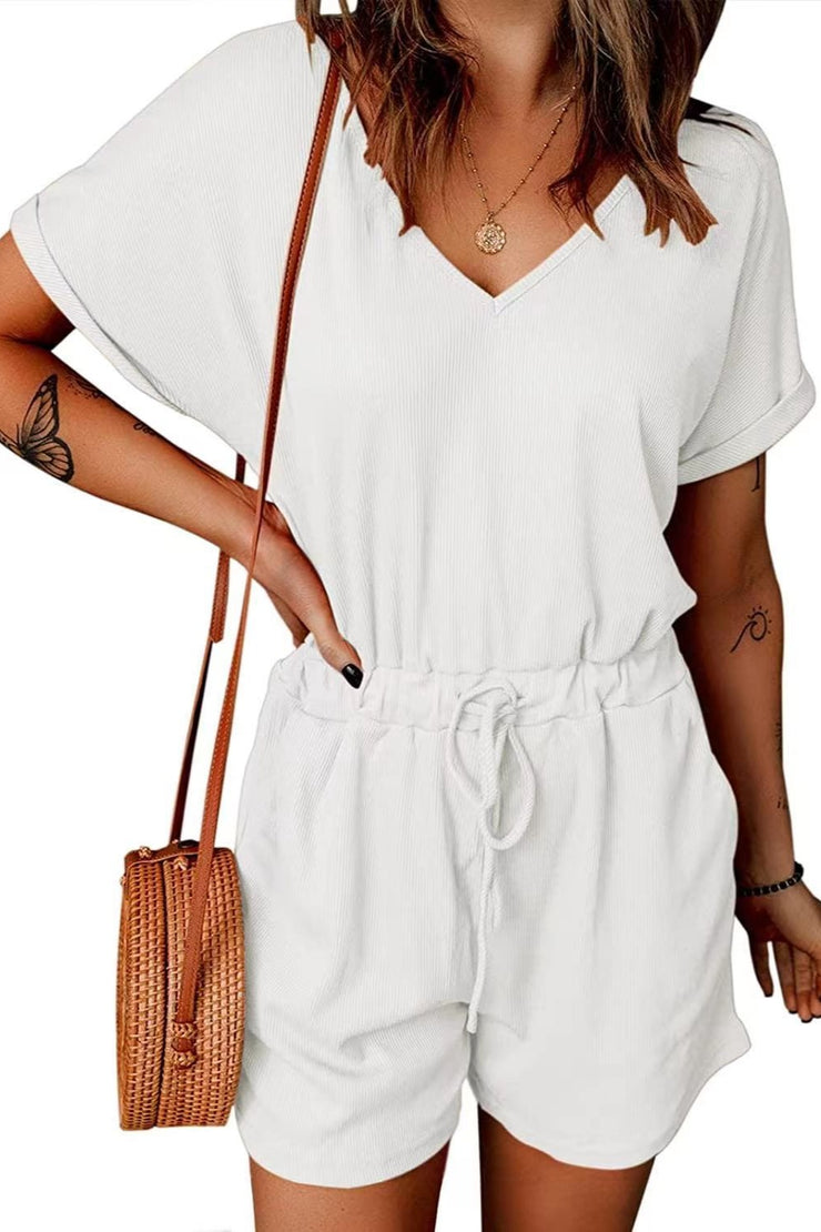 Full Size Drawstring V-Neck Short Sleeve Romper - The Michelle Style Boutique