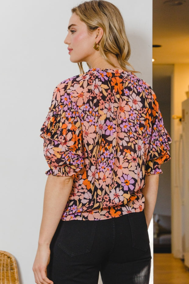 ODDI Full Size Floral Tie Neck Ruffled Blouse - The Michelle Style Boutique