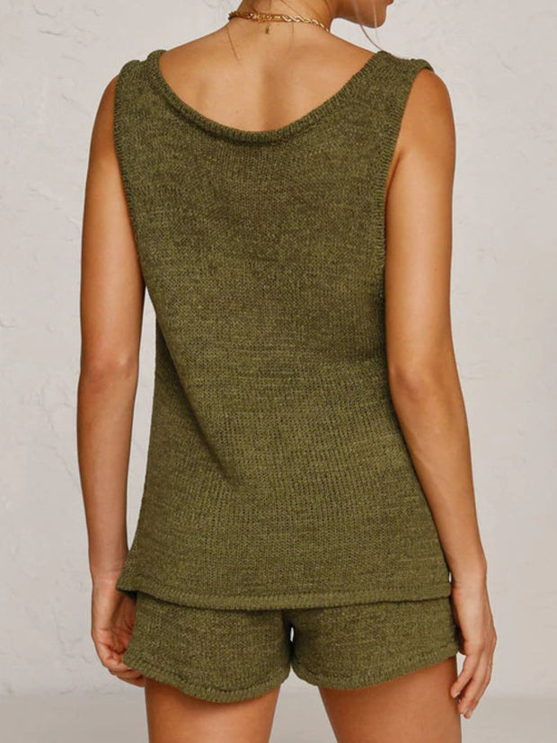 V-Neck Sleeveless Top and Drawstring Shorts Sweater Set - The Michelle Style Boutique