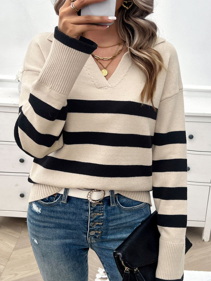 Striped Collared Neck Long Sleeve Sweater - The Michelle Style Boutique