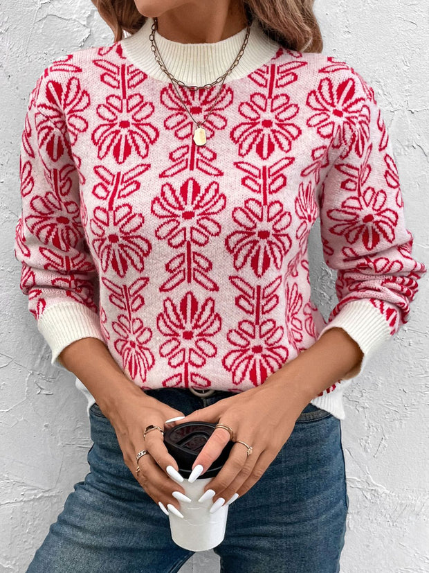 Flower Round Neck Long Sleeve Sweater - The Michelle Style Boutique