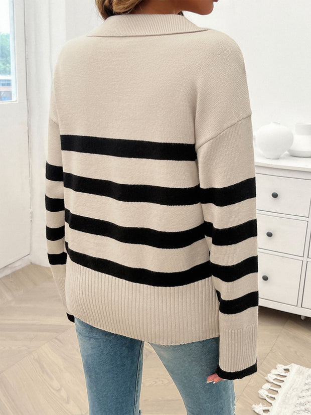 Striped Collared Neck Long Sleeve Sweater - The Michelle Style Boutique