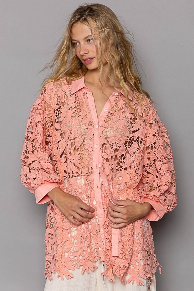 POL Collared Neck Button Up Lace Shirt - The Michelle Style Boutique