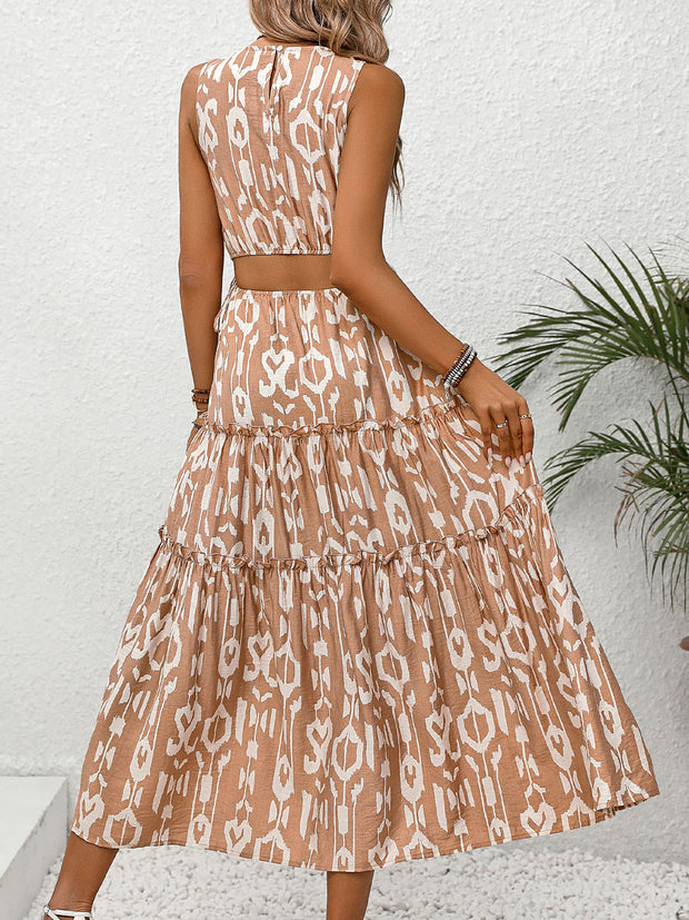 Frill Cutout Printed Round Neck Sleeveless Dress - The Michelle Style Boutique