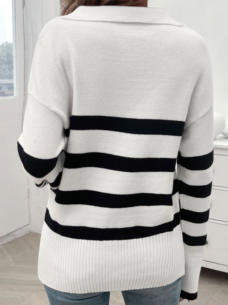 Striped Collared Neck Long Sleeve Sweater - The Michelle Style Boutique