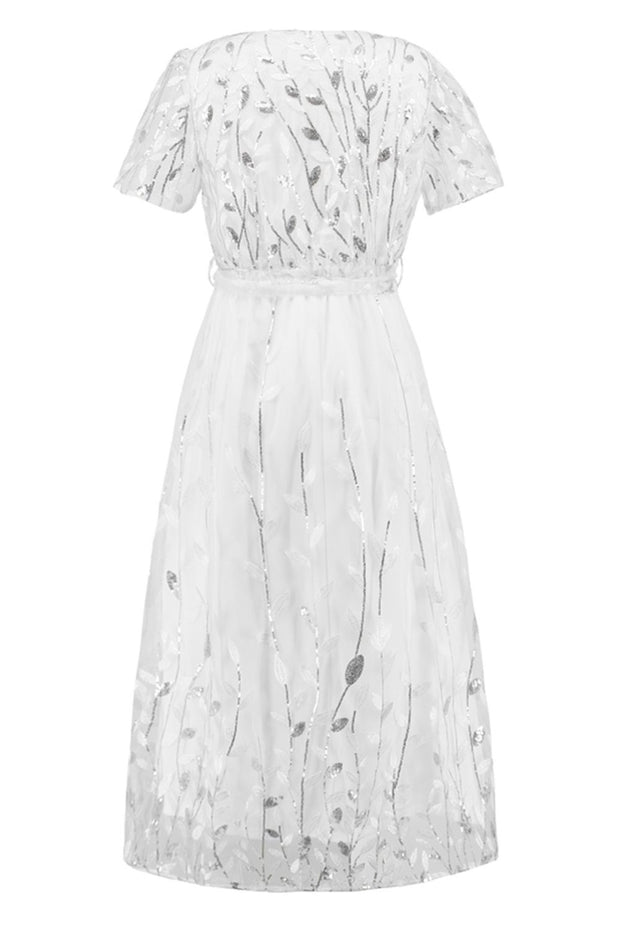 Sequin Leaf Embroidery Tie Front Short Sleeve Dress - The Michelle Style Boutique