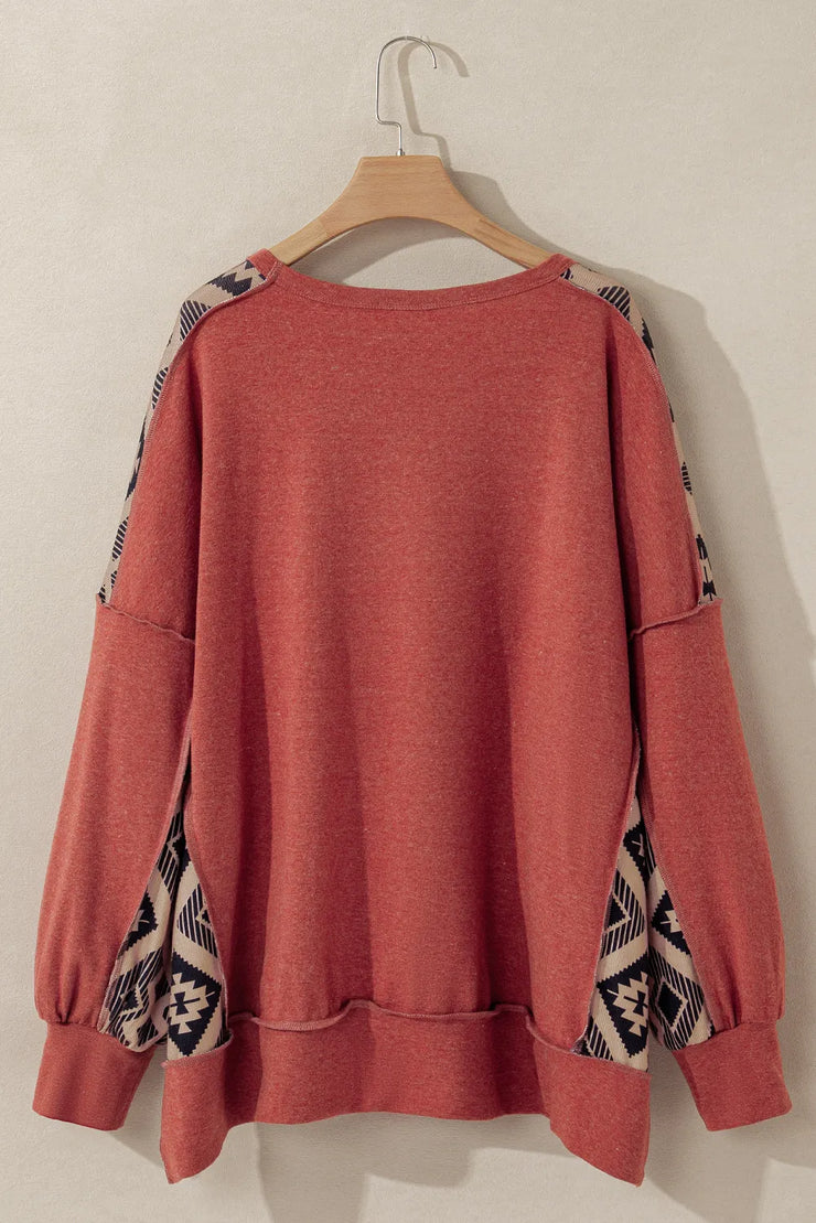 Plus Size Geometric Round Neck Long Sleeve Sweatshirt