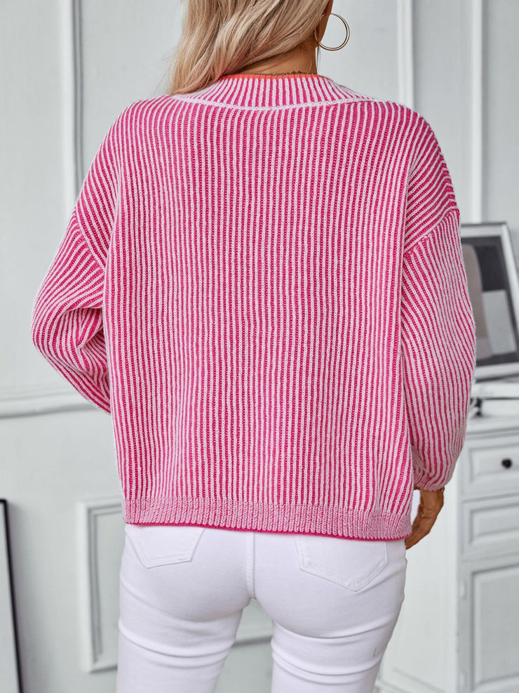 Striped V-Neck Long Sleeve Sweater - The Michelle Style Boutique