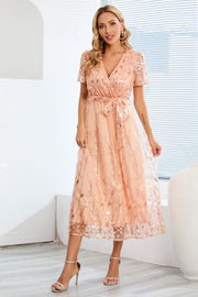 Sequin Leaf Embroidery Tie Front Short Sleeve Dress - The Michelle Style Boutique