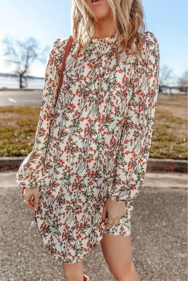 Floral Round Neck Long Sleeve Mini Dress - The Michelle Style Boutique