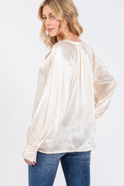 Lustrous Notched Ivory Long Sleeve Blouse - The Michelle Style Boutique