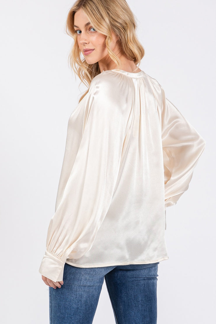 Lustrous Notched Ivory Long Sleeve Blouse - The Michelle Style Boutique