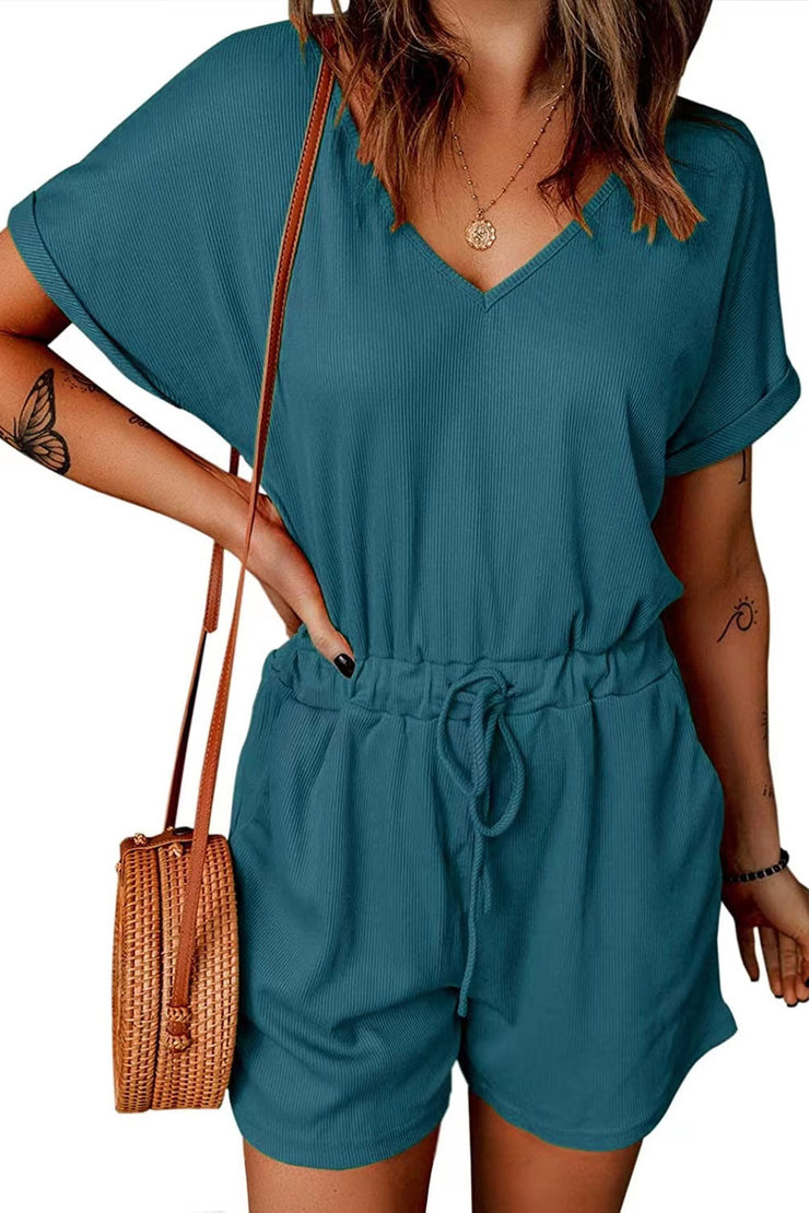 Full Size Drawstring V-Neck Short Sleeve Romper - The Michelle Style Boutique