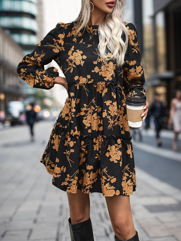 Frill Printed Long Sleeve Mini Dress - The Michelle Style Boutique