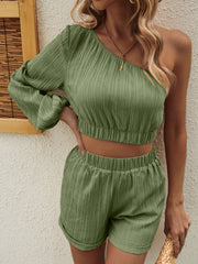 One Shoulder Long Sleeve Top and Shorts Set - The Michelle Style Boutique