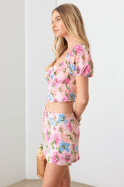 Le Lis Floral Puff Sleeve Crop Top and Mini Skirt Set - The Michelle Style Boutique