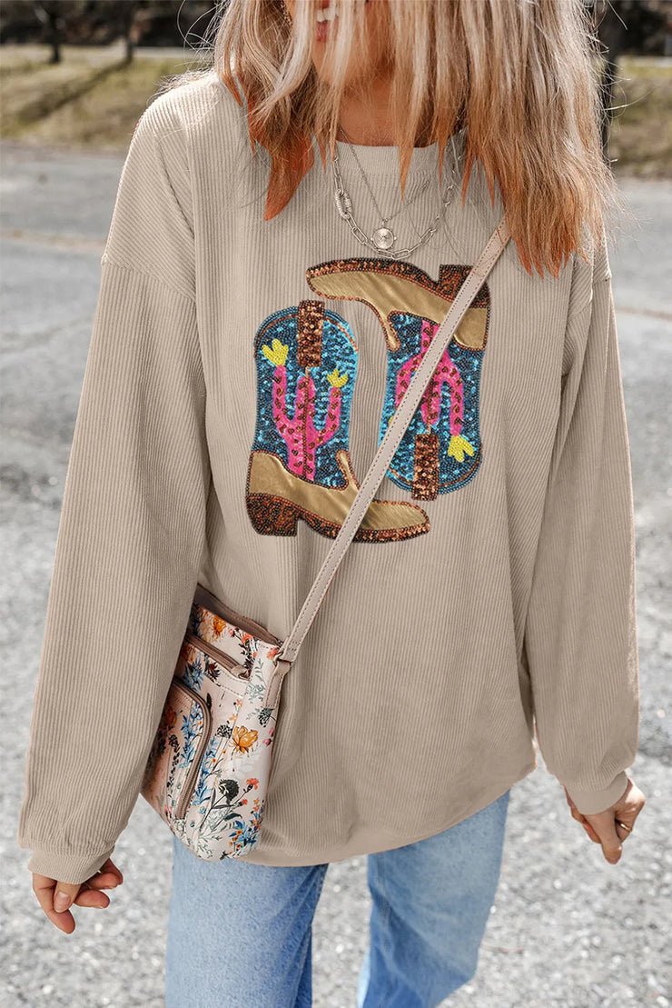 Full Size Sequin Boots Round Neck Long Sleeve Sweatshirt - The Michelle Style Boutique