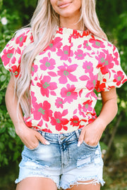 Printed Mock Neck Puff Sleeve Blouse - The Michelle Style Boutique