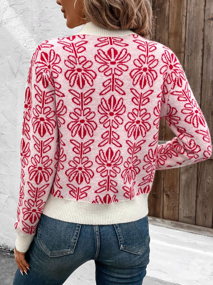 Flower Round Neck Long Sleeve Sweater - The Michelle Style Boutique