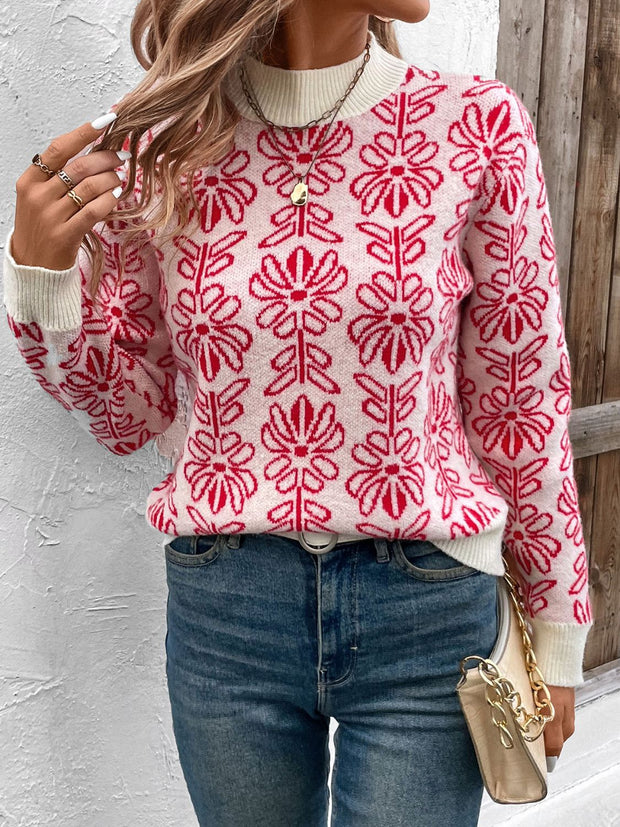 Flower Round Neck Long Sleeve Sweater - The Michelle Style Boutique