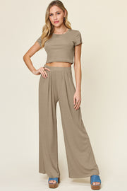 Double Take Full Size Round Neck Top and Pants Set - The Michelle Style Boutique