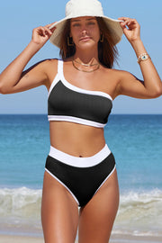 Contrast Trim Ribbed One-Shoulder Bikini Set - The Michelle Style Boutique