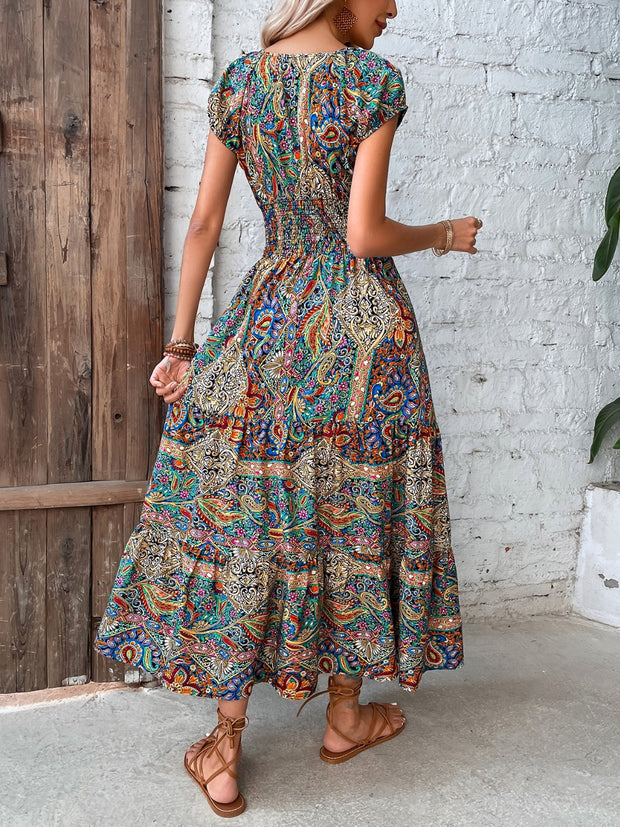 Smocked Printed Cap Sleeve Midi Dress - The Michelle Style Boutique