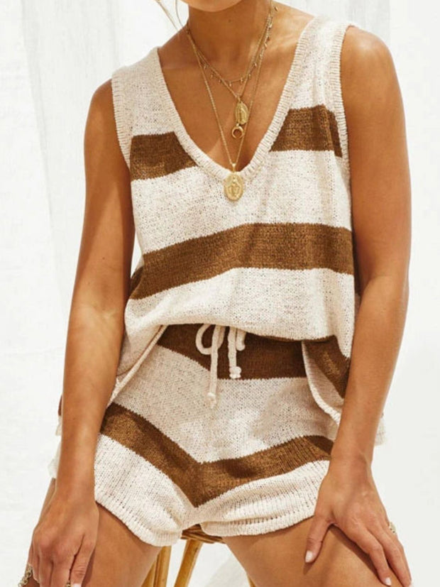 V-Neck Sleeveless Top and Drawstring Shorts Sweater Set - The Michelle Style Boutique