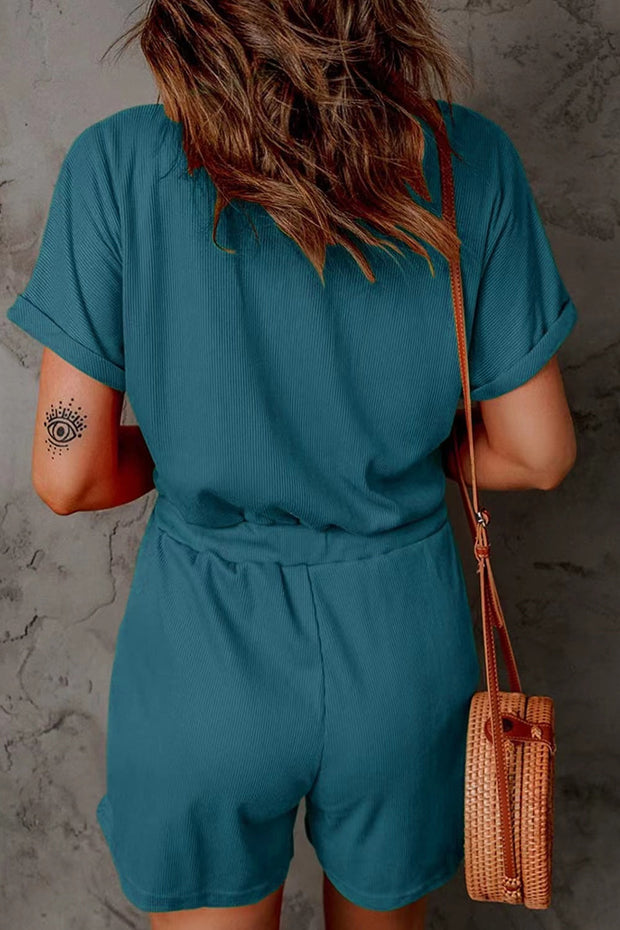 Full Size Drawstring V-Neck Short Sleeve Romper - The Michelle Style Boutique