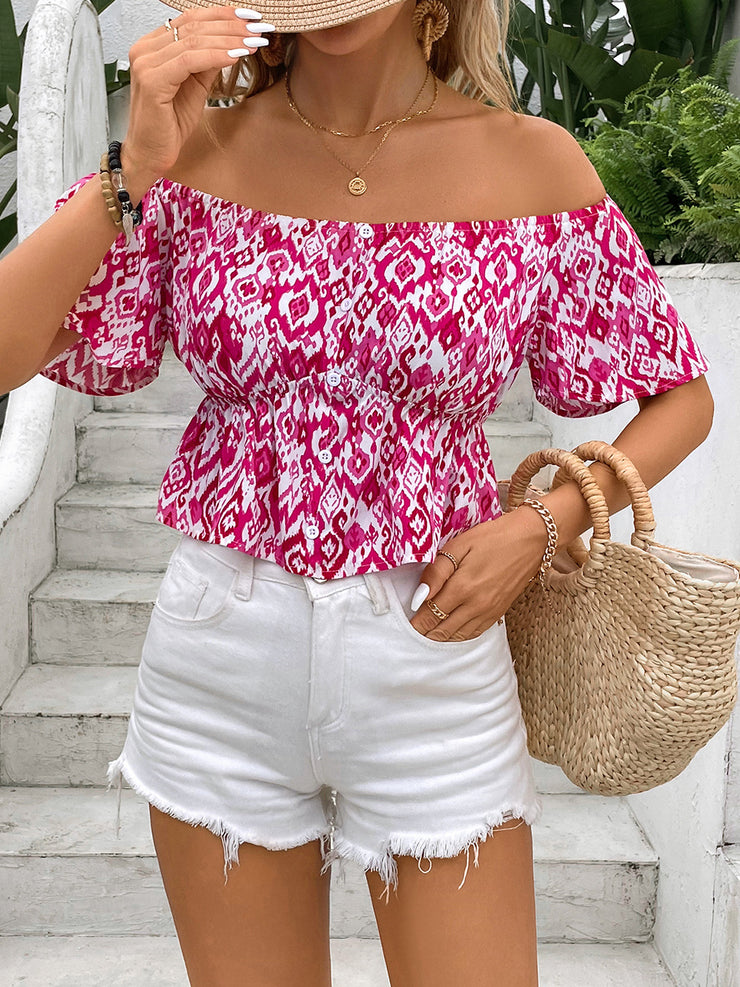 Peplum Printed Off-Shoulder Short Sleeve Blouse - The Michelle Style Boutique