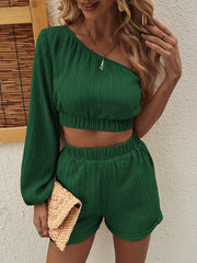 One Shoulder Long Sleeve Top and Shorts Set - The Michelle Style Boutique