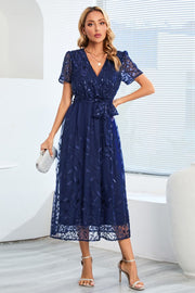 Sequin Leaf Embroidery Tie Front Short Sleeve Dress - The Michelle Style Boutique