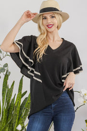 V-Neck Lace Trim Flutter Sleeve Top - The Michelle Style Boutique